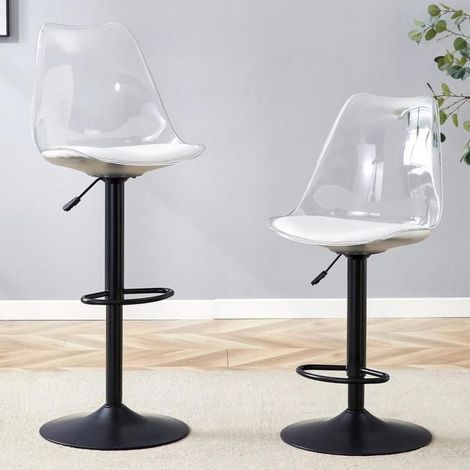 Tabourets réglables - KOMHTOM - Lot de 2 - Dossier transparent - Assise blanche PU - Pieds métal pivotants (1/5)