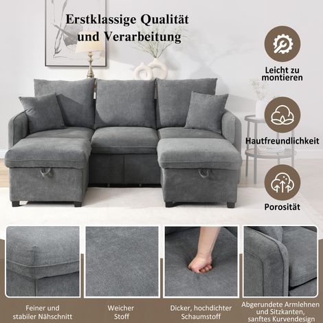 Canapé d’angle U multifonction 3 places avec rangement,tiroirs et tabouret,ensemble modulaire démontable avec fonction couchage,housse chenille-Da (1/5)