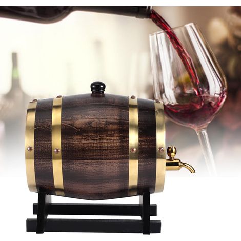 Tonneau à vin vintage en chêne de 3 litres avec cerclage rayé noir et or et robinet en cuivre (1/5)