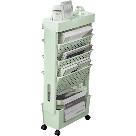Étagère mobile verte à 4 roulettes universelles, grande capacité, multi-usage, à poser près du bureau pour bureau, école, maison. (1/5)