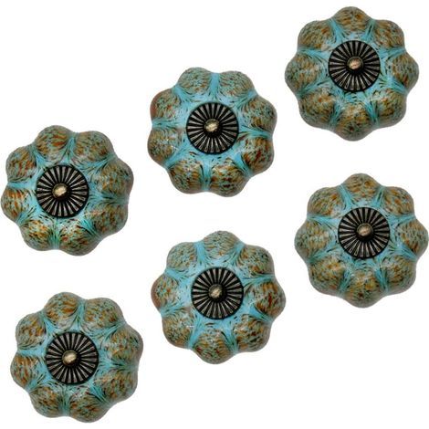 Juego de 6 pomos para puertas, cajones y armarios, de cerámica, con un elegante diseño retro en forma de calabaza - Azul (1/5)