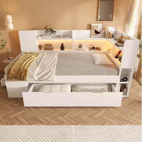 Lit banquette 90x200 cm blanc en bois avec LED, rangements et ports USB/USB-C (1/5)