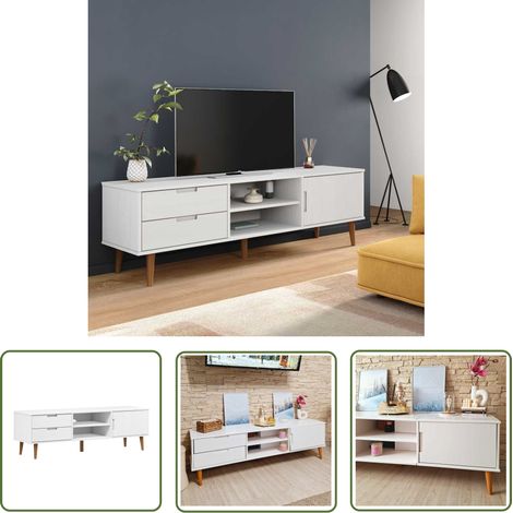 The Living Store Meuble TV MOLDE Blanc 158x40x49 cm Bois de pin massif - Meuble Tv - Meuble Téléviseur - Meuble Multimédia - Télévision - Bois De Pin (1/5)