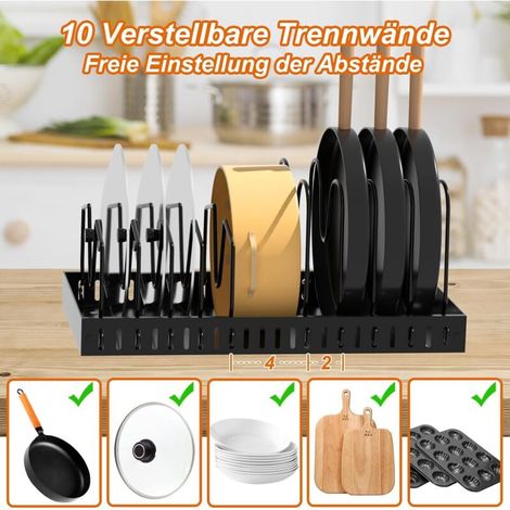 Soporte extensible para tapas de ollas con 10 compartimentos ajustables, organizador metálico para utensilios de cocina, sartenes, ollas y tapas (negro) (1/3)