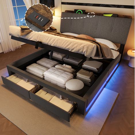 Stauraumbett 140x200 cm Grau aus Leinen mit hydraulischem Bettkasten, USB-C, LED und Kopfteilablage (1/5)