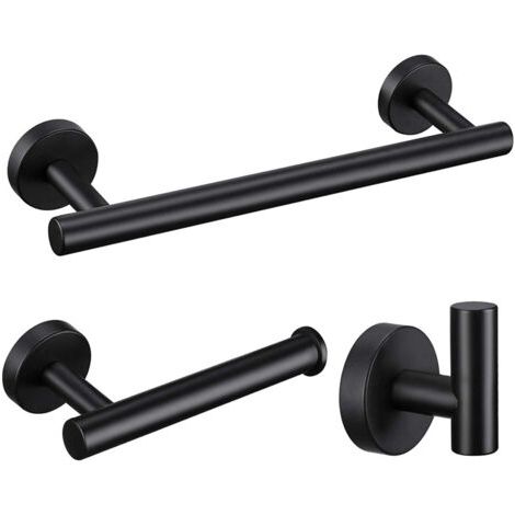 Bathroom accessories, black bathroom hardware set, 3-piece set, includes a towel bar, toilet paper holder, coat hook, and steel wall bracket. (1/3)
