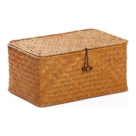 Paniers de Rangement Jonc de Mer avec Couvercles Naturel Corbeille Osier (Petit 26cmx16cmx10cm) (1/5)
