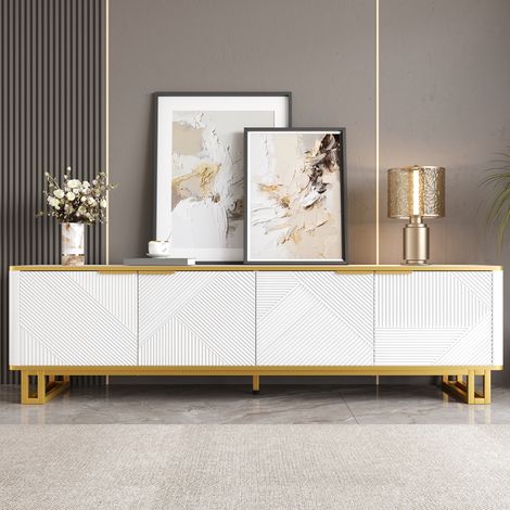 Mobile TV 160x37,5x48 cm con 4 ante, mobile basso moderno da soggiorno in MDF e metallo, design geometrico elegante, bianco (1/5)