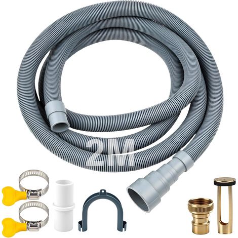Tuyau de vidange de 2 m pour machine à laver et lave-vaisselle avec 1 raccord d'eau à fermeture automatique, rallonge de tuyau de vidange avec colliers de serrage, arceau et raccord de tuyau (1/5)