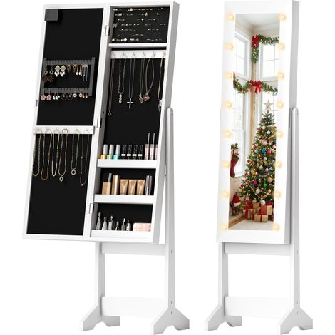 Mirrored Jewellery Cabinet, Freestanding, 36 x 30 x 136 cm, White (1/5)