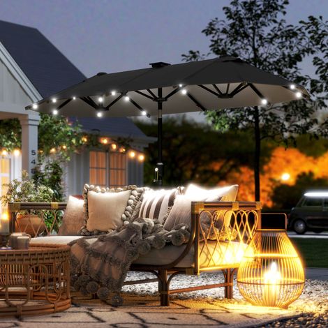 Parasol jardin double 3x1,5m extérieur éclairage solaire manivelle 2 aérations, gris