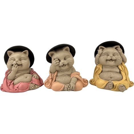Figurine décorative Bouddha Chat : Ne rien voir, ne rien entendre, ne rien dire – Sculpture en résine de style oriental pour décoration zen et méditation