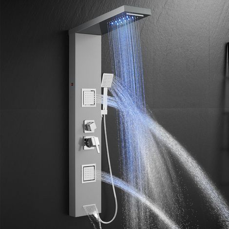 Panneau de douche avec robinet et lumières LED, colonne de douche complète avec douche à effet pluie, douche cascade, buses de massage, douchette et bec de baignoire, acier inoxydable brossé (1/5)