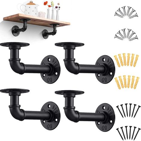 4 PCS Pipe Shelf Bracket，Industrial Floating Shelf Bracket Heavy Duty Plumbing Pipe Shelf for Scaffold Board Wall Mounted, Black (1/5)