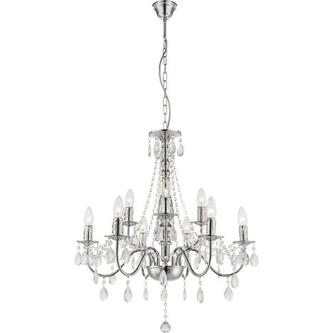 Lampadario a sospensione lampadario lampadario luce soggiorno, 9 fiamme, metallo cromato classico, 9 attacchi E14, PxH 63x153 cm