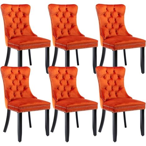 Samt Esszimmerstühle 6er Set Orange mit hoher Rückenlehne und Massivholzbeinen (1/5)