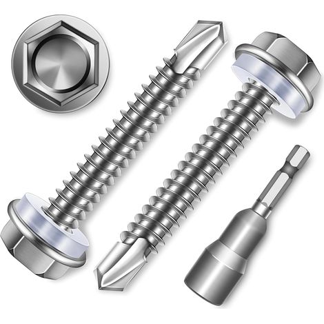 Lot de 20 vis à tôle M5,5 x 70 mm en acier inoxydable 410 pour toiture Vis autotaraudeuses avec rondelles d'étanchéité et embout à douille, vis à tôle trapézoïdale pour métal et bois (1/5)