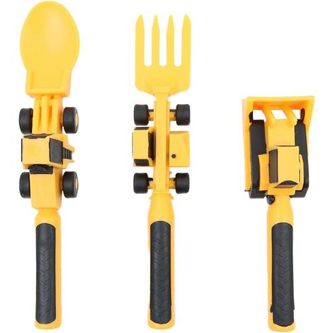 Set de 3 Couverts pour Enfants, Fourchette et Cuillère Motif Engins de Chantier, Plastique Sans BPA (1/5)