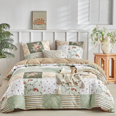 Bettwäsche 200x200 cm 3-teilig Patchwork Blumenmuster Bohemi Mikrofaser mit Reißverschluss Grün