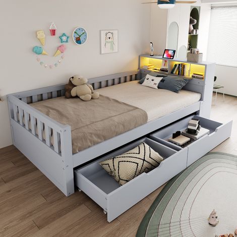 Lit coffre banquette 90x200cm avec led usb et barrières sécurité - bois - gris (1/5)