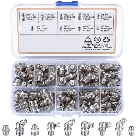 Kit of 60 screw-in grease fittings M6 M8 M10 – Angles 45° 90° 180° – Corrosion-resistant nickel-plated iron – For industrial machines (1/5)