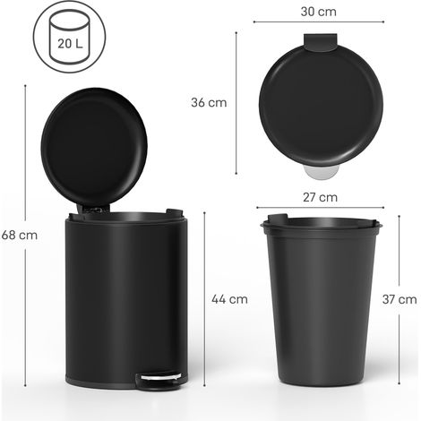 Poubelle de cuisine de 20 litres, en métal anti-traces de doigts, avec couvercle à fermeture douce, pédale et bac intérieur amovible, noire. (1/5)