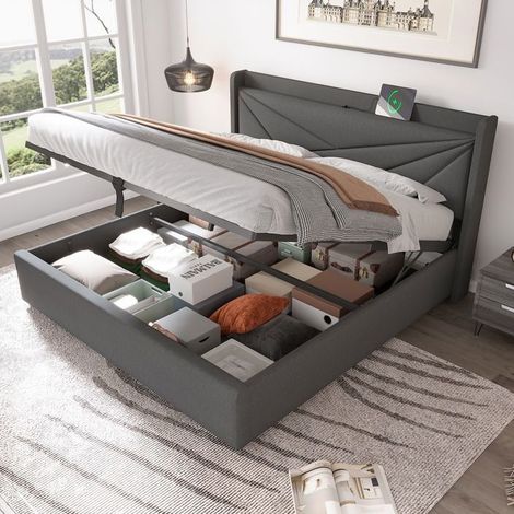 Lit double capitonné - 180 x 200 - Coffre de rangement - Tête de lit USB Type-C - Sommier à lattes inclus (1/5)