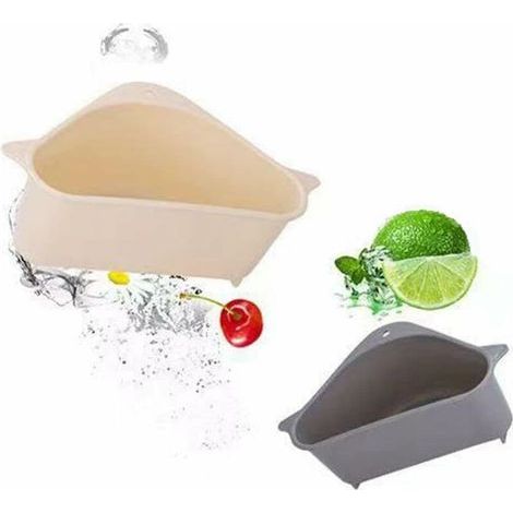 2 piezas de cesta colador para fregadero de cocina, cesta colador de esquina multifuncional sin perforación con ventosa para soporte de esquina (1 blanco + 1 gris) (1/5)