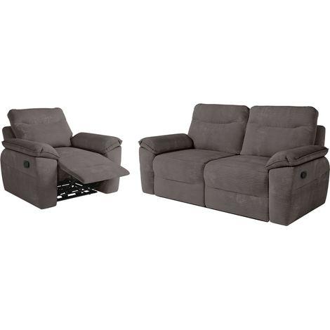 PACK - Canapé de relaxation ROSS manuel 3 places et fauteuil en velours côtelé - Gris (1/5)