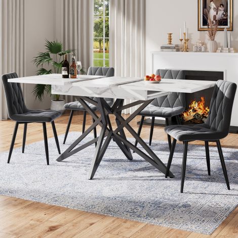 Tavolo da pranzo allungabile 120 (160) x 80 cm, tavolo da cucina allungabile, tavolo per la colazione, gambe a stella, gambe in ferro nero, piano del tavolo effetto noce/marmo