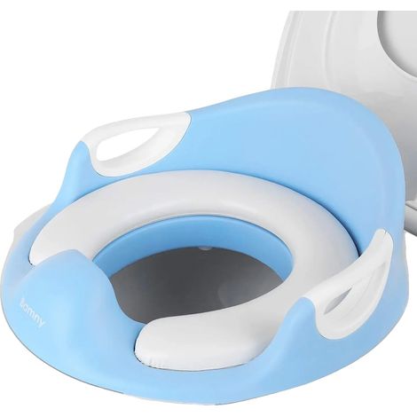 Asiento de inodoro para entrenamiento para ir al baño, protector contra salpicaduras, asas de fácil agarre, azul cielo. (1/2)
