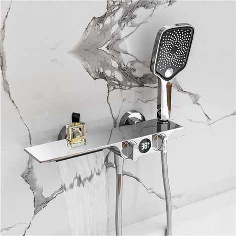 Ensemble de douche mitigeur thermostatique intelli Robinet de douche de salle de bain noir mat cascade, ensemble de robinets de douche numérique noir, pommeau de douche pluie mitigeur à affichage numé (1/4)