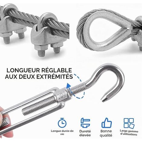 Tensioner Cable Stainless Steel Turnbuckle Hook M5 Wire Tensioner Hook and Eye Tensioner with Stainless Steel Cable Clamp and Cable Lugs for Tensioning and Adjusting Rope Qccessoires (1/4)