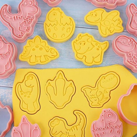 Lot de 8 emporte-pièces 3D pour biscuits, motifs dinosaure, fruits et légumes, moules à biscuits d'anniversaire, tampons à biscuits à pression manuelle (1/5)