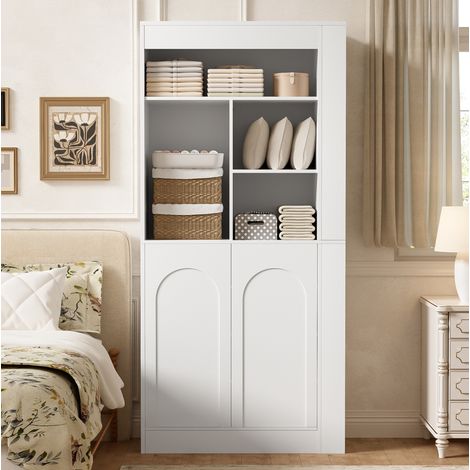 Armario alto multiusos (85x35x180 cm), con baldas abiertas, 2 puertas, compartimentos laterales, tablero blanco (1/5)