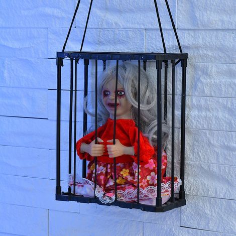 Decoraciones de Halloween activadas por movimiento, jaula de prisionero con calavera que grita, sensor de movimiento y ojos brillantes, decoraciones para casas embrujadas. (1/5)