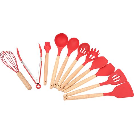 Ensemble de 12 ustensiles de cuisine ergonomiques avec manches en bois et silicone, rouge. (1/5)