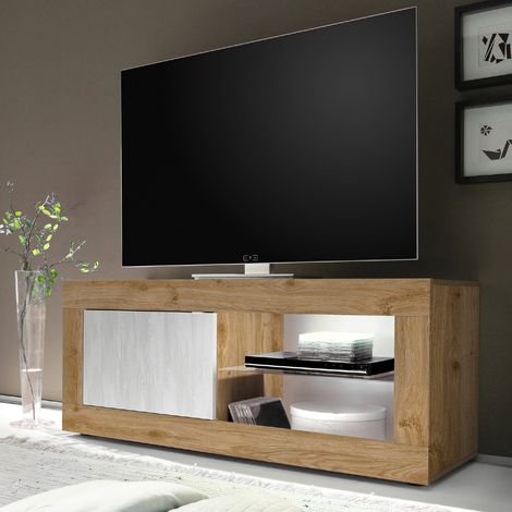 Meuble TV bois et blanc 1 porte - 2 niches 140cm CALIA 2 (1/5)
