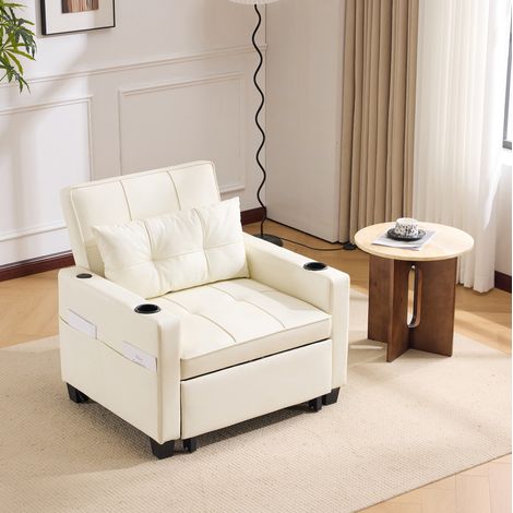 Sofá cama extraíble 3 en 1 blanco con posavasos y bolsillo lateral, diseño compacto,74x87x84 cm (1/5)