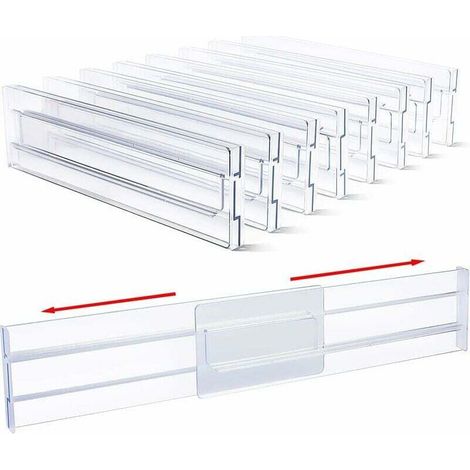 Set mit 8 verstellbaren Schubladeneinteilern (31–55 cm), verstellbare Kunststoff-Schubladeneinteiler, Schubladenorganizer, Schubladenaufbewahrung für Büro-, Küchen- und Kommodenschubladen (1/5)