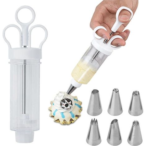 Pistola de repostería blanca, kit para decorar pasteles con 6 boquillas de acero inoxidable, inyector de decoración (1/5)