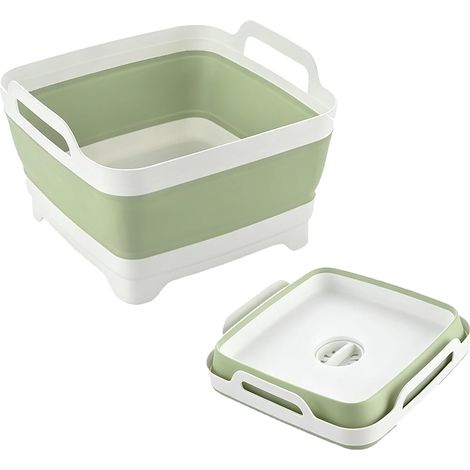 Évier carré pliable avec poignées et trou de vidange, bol pliable sur pieds, gain de place pour la cuisine, le camping et la maison, blanc-vert menthe (1/5)
