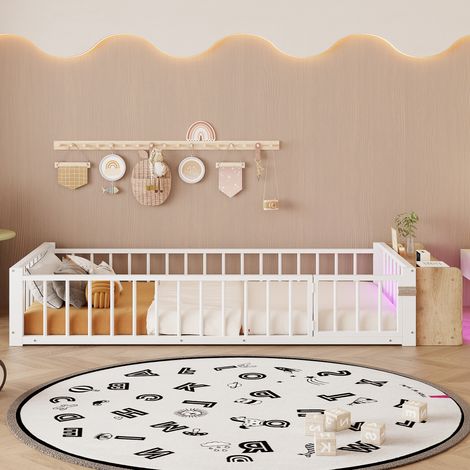 Lit plat,lit métallique,90 x 200 cm,cadre de lit en métal,lit en fer,berceau avec glissière de sécurité,sans matelas,casiers,bande lumineuse LED,blanc