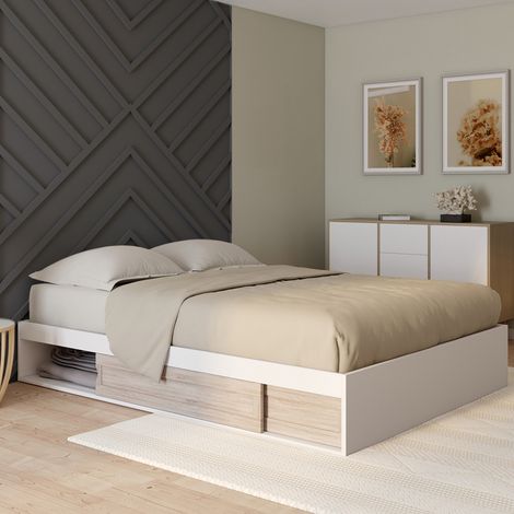 Somier SALEM con almacenaje y base de 140 x 190 cm blanco y haya