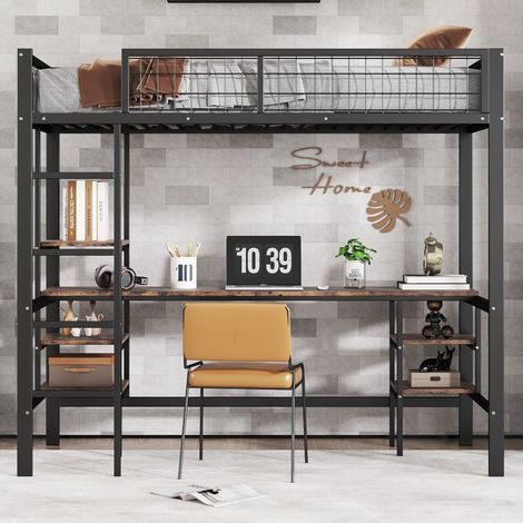 Lit mezzanine enfant 90x200 cm - bureau et étagère - échelle 4 marches - structure métal et bois - noir et bois foncé (1/5)