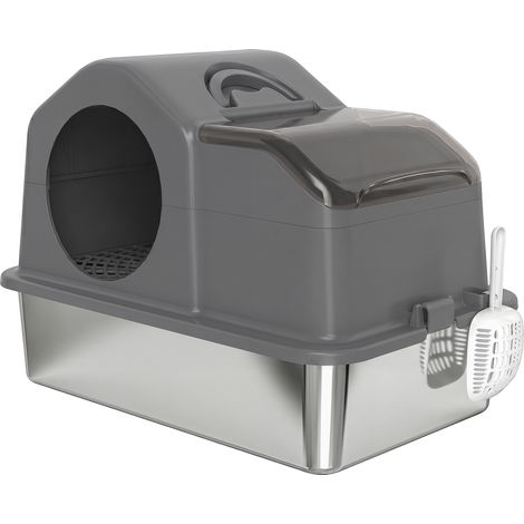 Lettiera Gatto Chiusa XL 60,5x40,5x45 cm con Coperchio Paletta Tappetino di Raccolta in Acciaio Inox Grigio Scuro (1/5)
