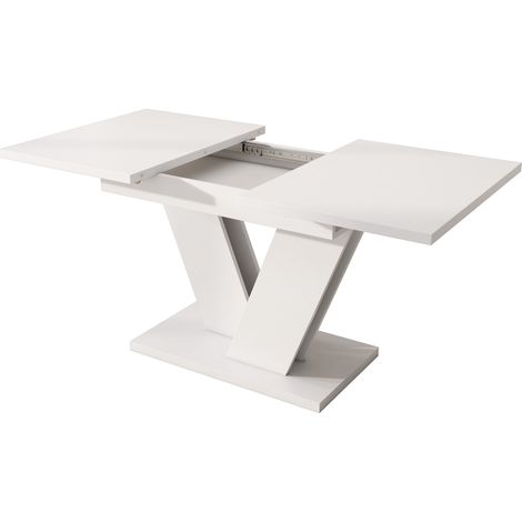 Mesa de comedor extensible 120-160 x 80 cm de MDF blanca con patas metálicas en V HOMVRA (1/5)
