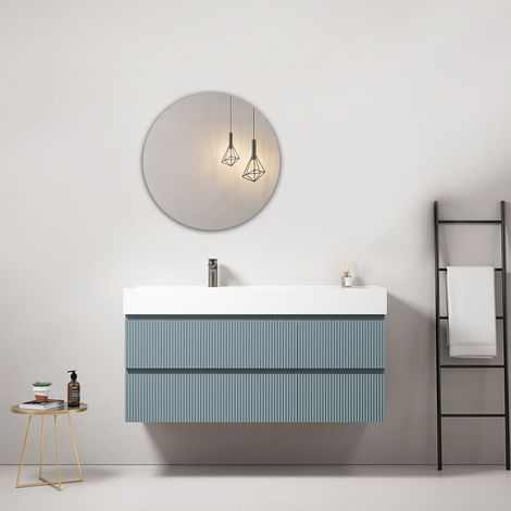 Mobile bagno sospeso cannettato 120 cm Blu Avio Lavabo a Sinistra in Resina Specchio Tondo - Fiji Paint (1/4)