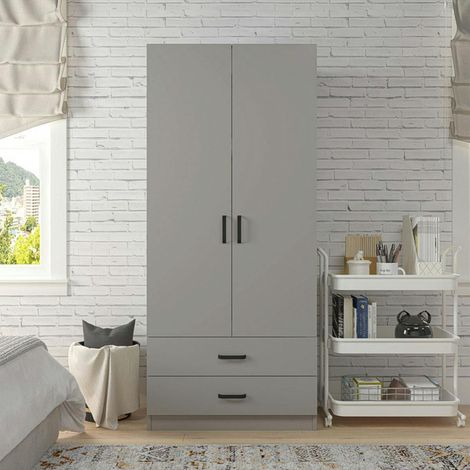 Armoire penderie grise 2 portes 2 tiroirs 80 cm BYRON