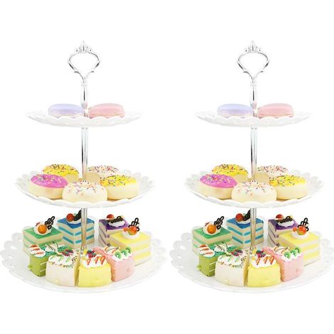 Argent Blanc Présentoir à Gateaux Plastique 3-Etages Stand de Gateaux Support Cupcake Dessert pour Thé de L'après-midi Mariage Fête Soirée Anniversaire-Grand (Lot de 2) (1/5)